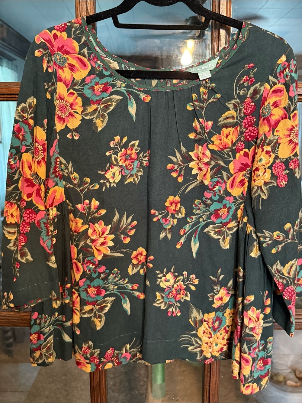 April Cornell Womens XS Floral Button Back Blouse‎ Forest Green 3/4 Sleeve Top